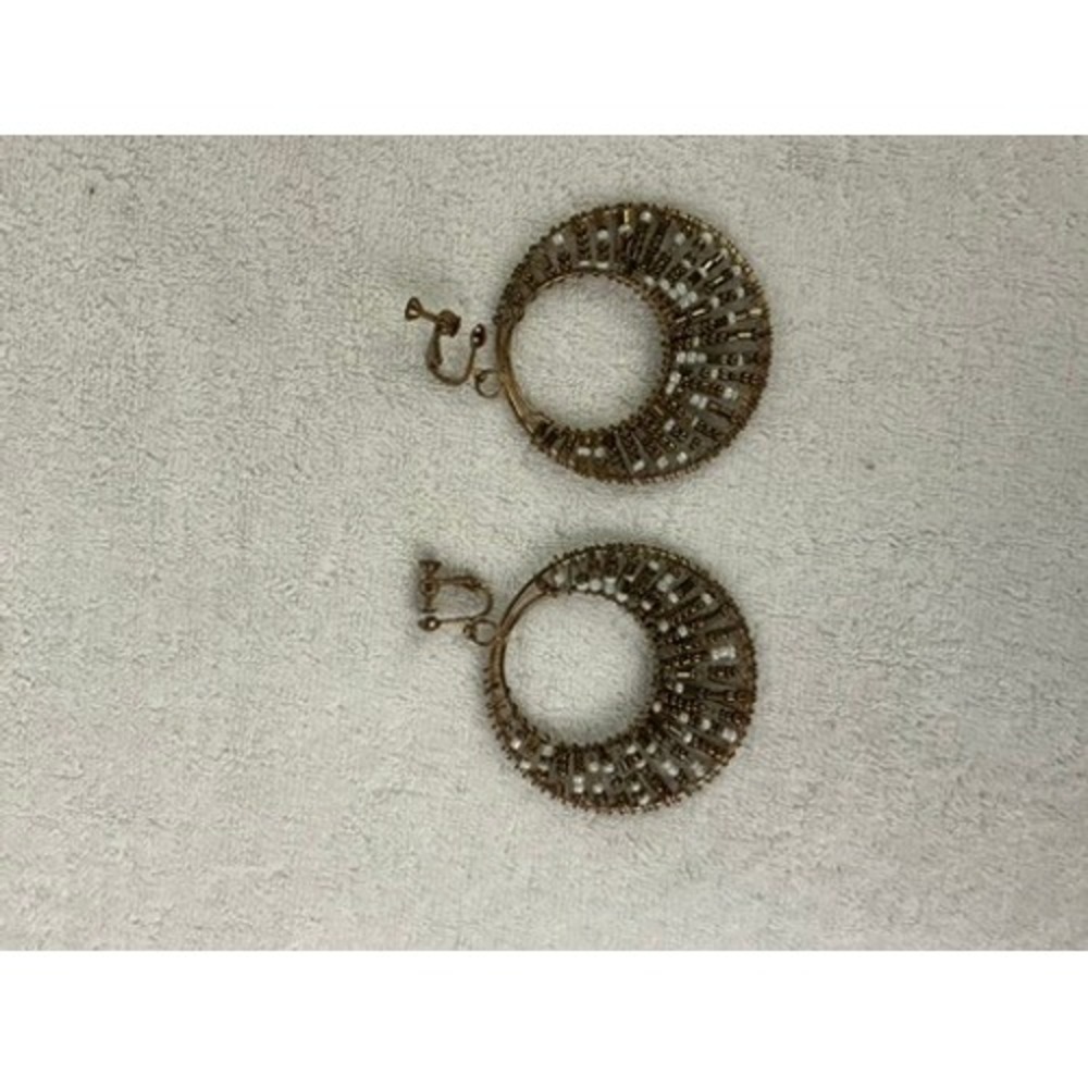 Vintage‎ Bronze Beaded Crescent Hoop Clip On Earrings Screw Back Boho Statement
